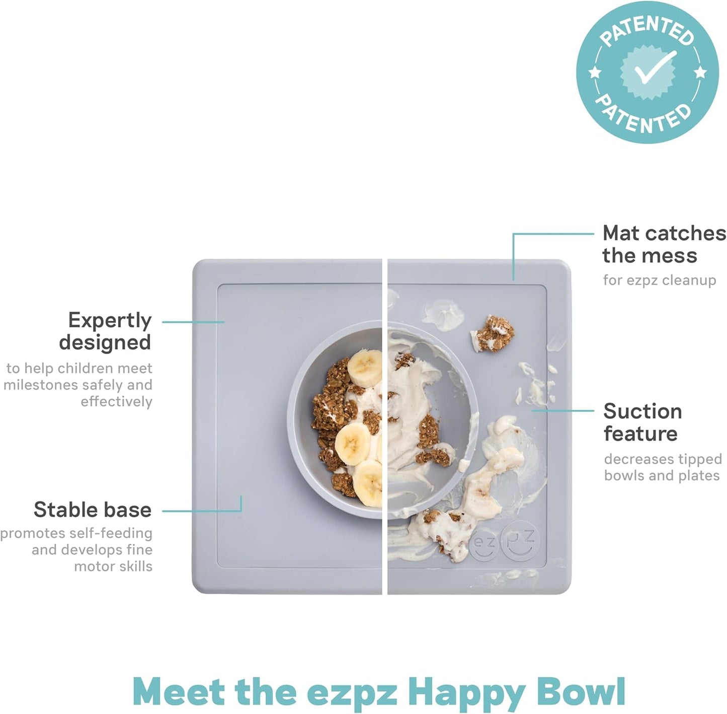 Happy Bowl (Pewter) - 100% Silicone Suction Bowl with Built-In Placemat for Toddlers + Preschoolers - Dishwasher Safe