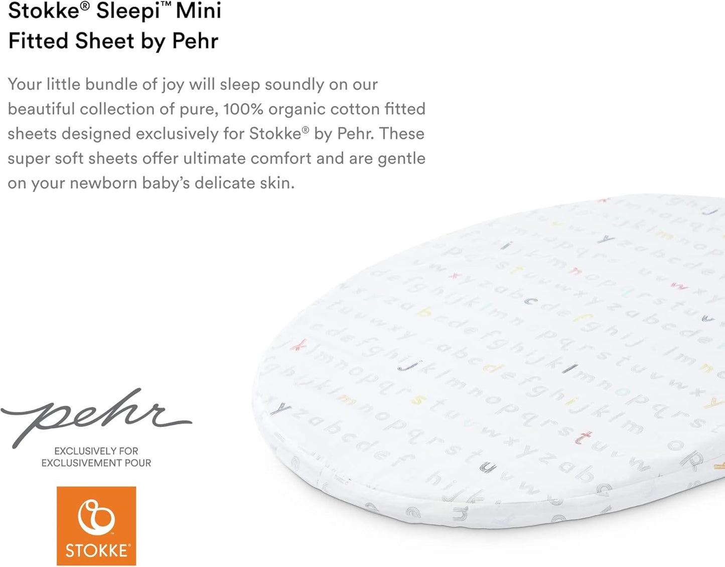 Sleepi Mini Fitted Sheet by Pehr, Rainbow Alphabet Lines - Soft, 100% Organic Fitted Sheets - Made for Oval Sleepi Mini Mattress - Safe Sleeping - Available in Playful Patterns