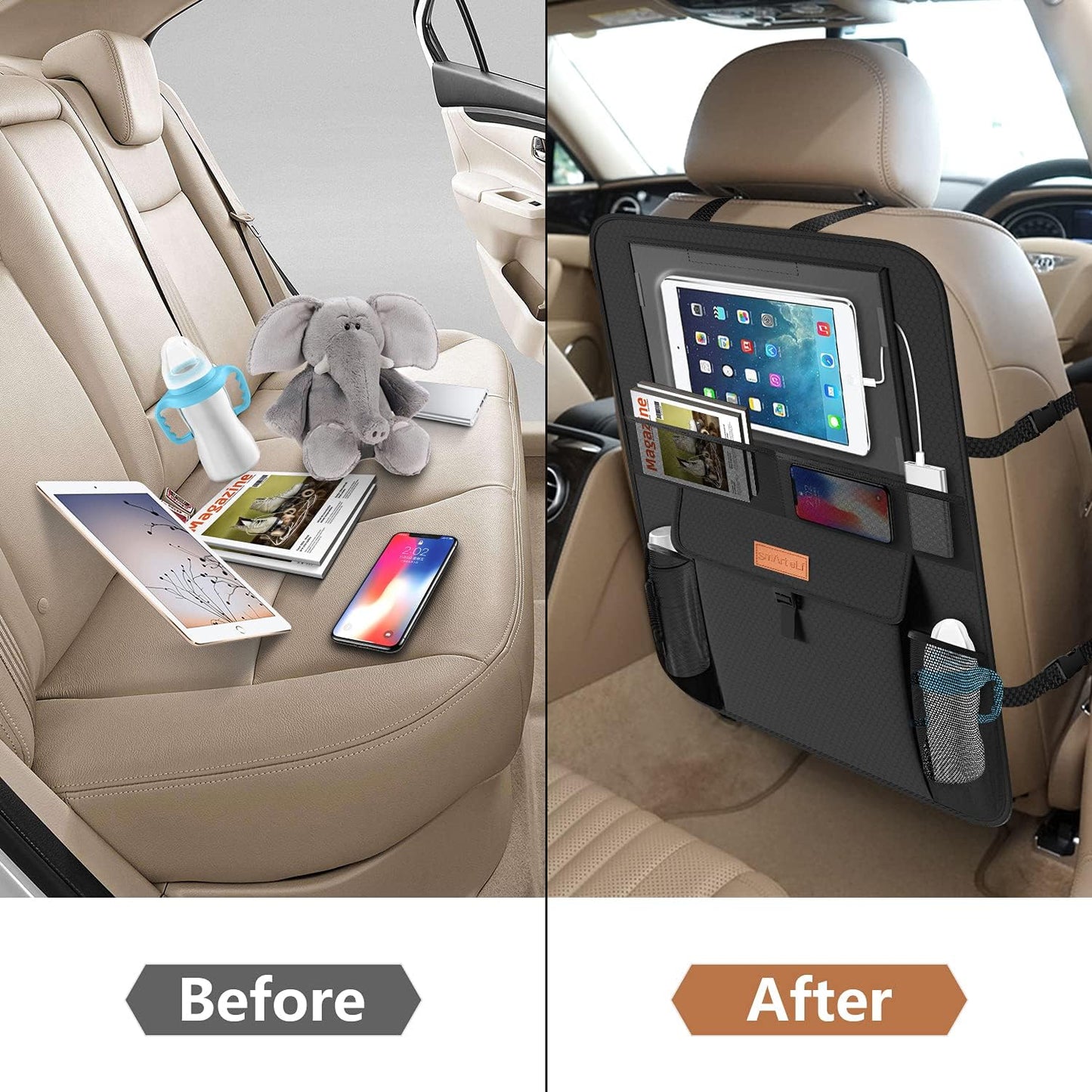 Car Seat Protector + Backseat Car Organizer Kick Mat, Large & Waterproof 600D Fabric Child Auto Carseat Protectors Saver for Baby Sit with Storage Pockets for Leather and Fabric Car Seat