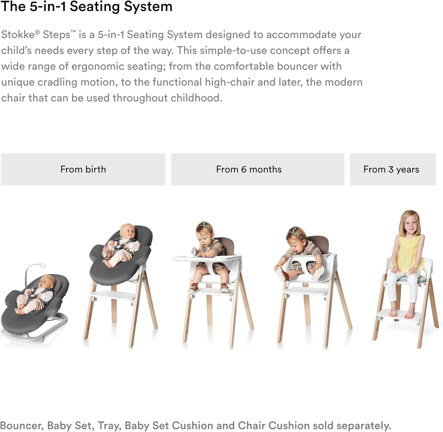 Steps Chair - White Seat with Hazy Grey Legs - 5-In-1 Seat System - Can Transform into Newborn + Toddler High Chair - for Children up to 187 Lbs. - Tool Free, Stylish & Adjustable