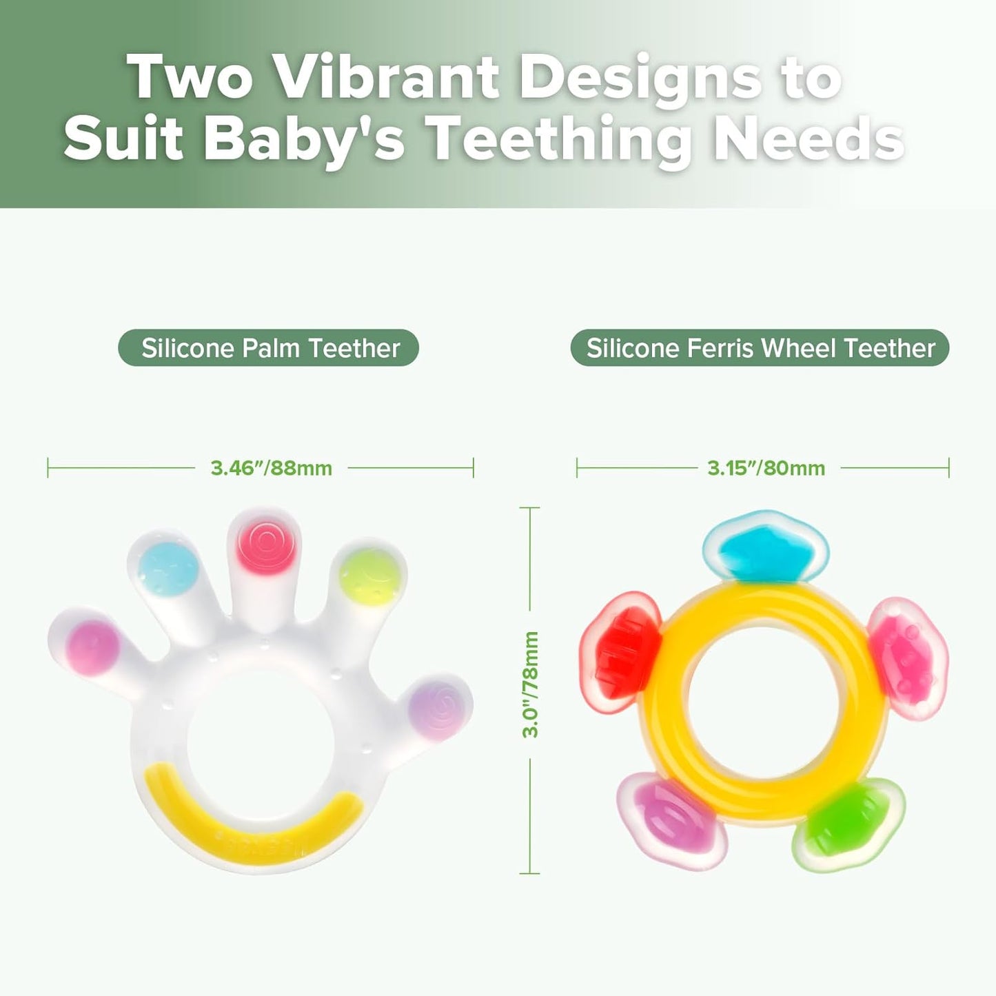 Silicone Teether Combo -Baby Freezer Teething Toy - Soft Cold Teether - Soothe Teething Pain & Itching Gum -Perfect Size-Palm & Ferris Wheel Shape for 3M+ Babies BPA Free - 2 Pk