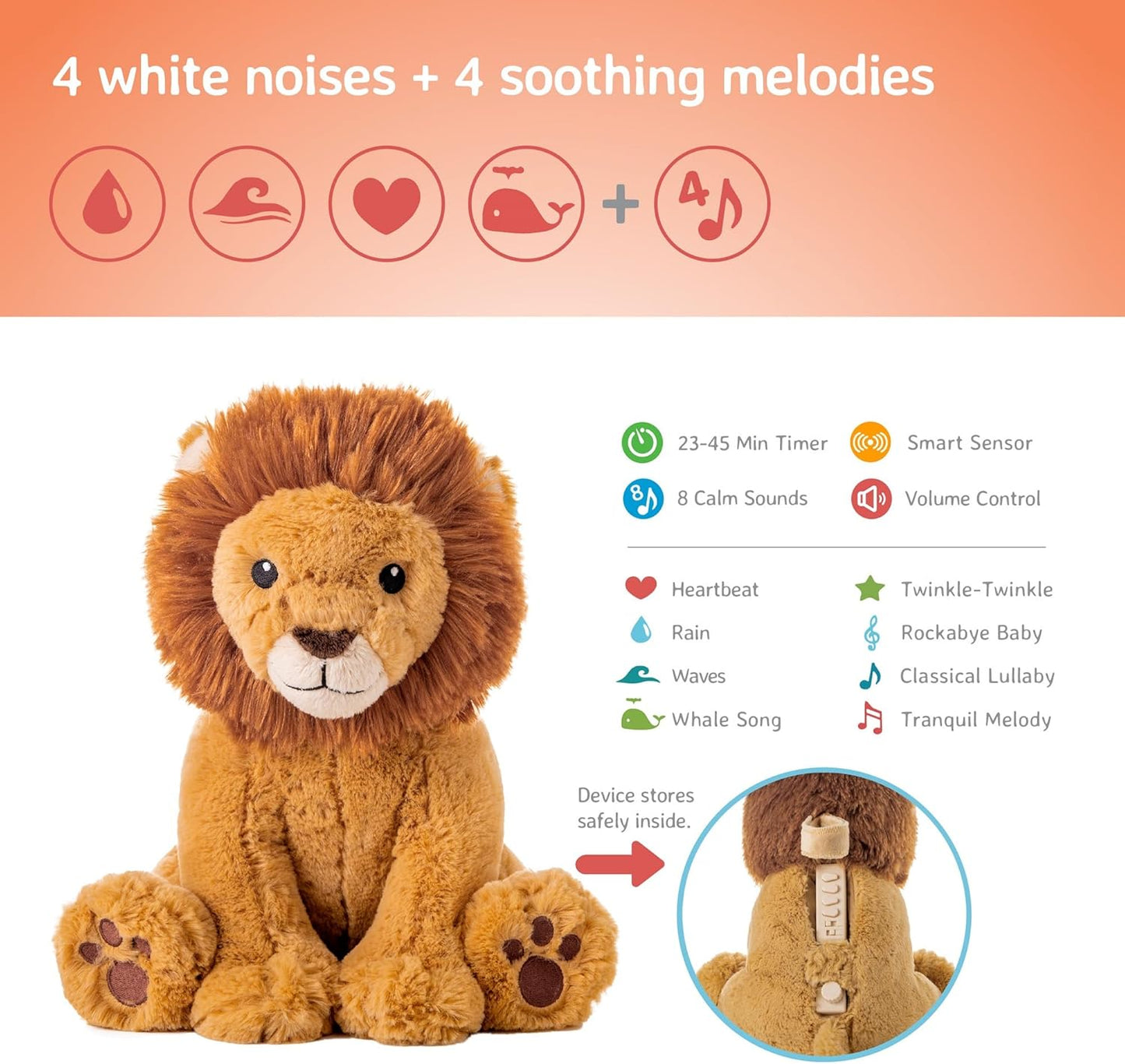 Sound Machine with White Noise Soothing Sounds | Cuddly Stuffed Animal | Adjustable Settings and Auto-Shutoff | Louis Lion Smart Sensor