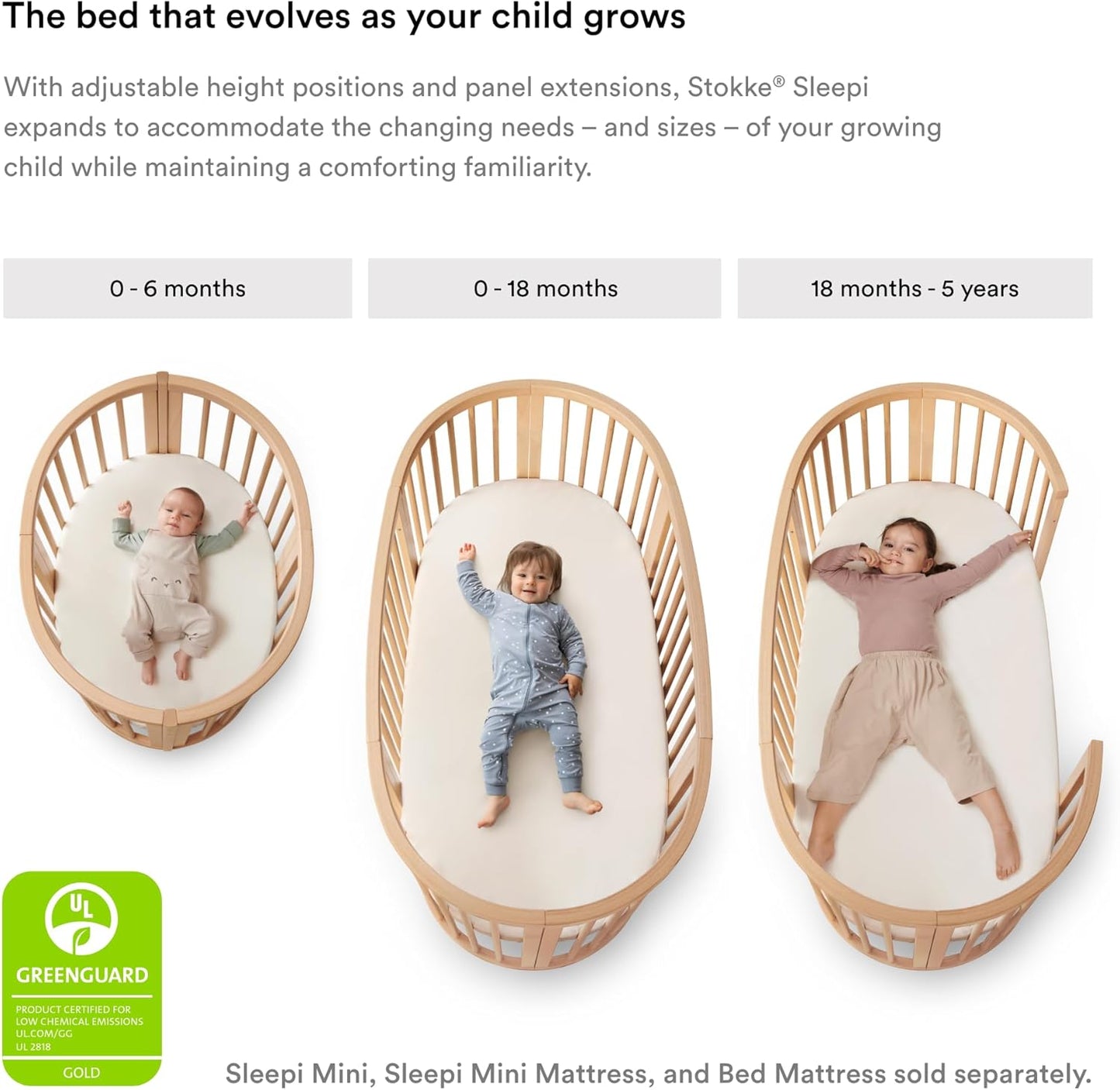 Sleepi Bed, Hazy Grey - Oval Crib Suitable for Ages 0-5 Years Old - Adjustable, Stylish & Flexible - Sturdy Beech Wood Frame