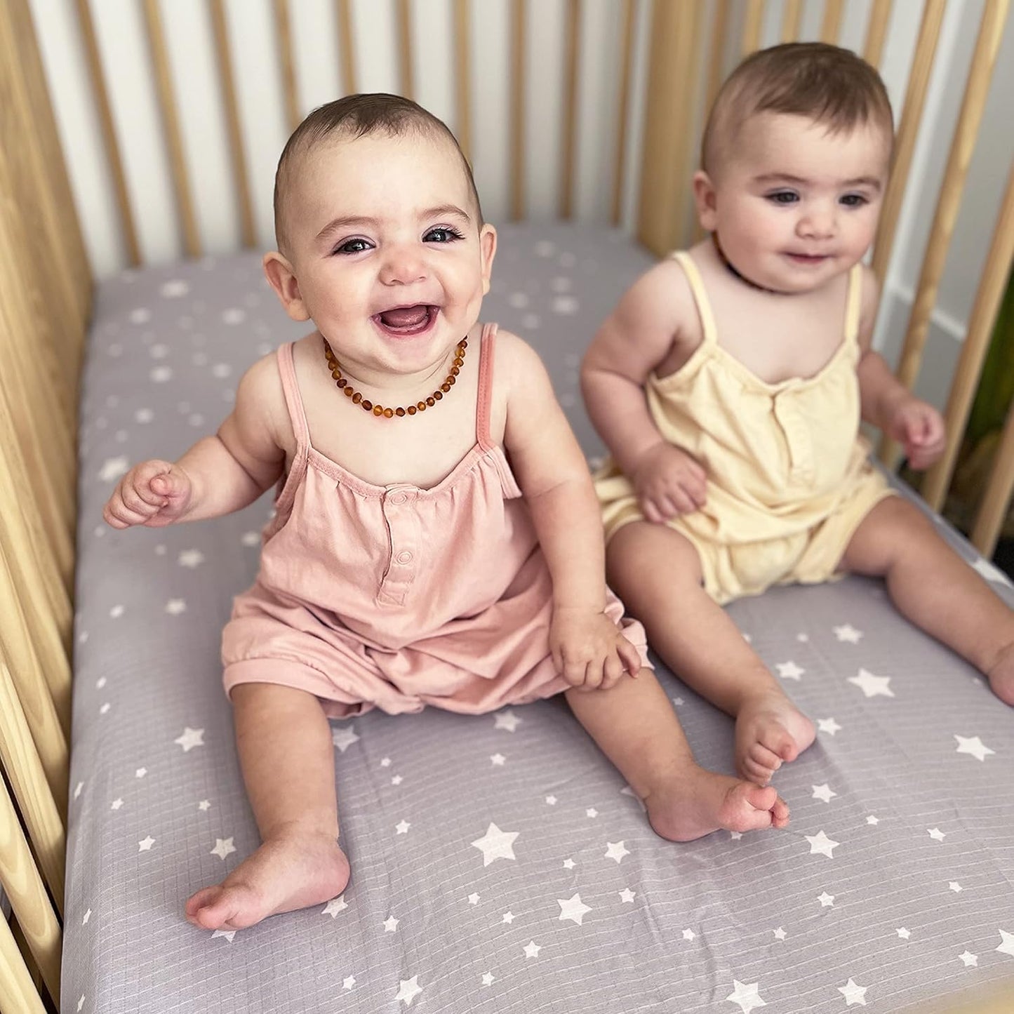 Organic Fitted Crib Sheet (2-Pack) - Ultra-Breathable and Soft, 100% Organic Muslin Cotton, Stardust Print in Twilight Grey + Solid White, Fits All Standard Cribs