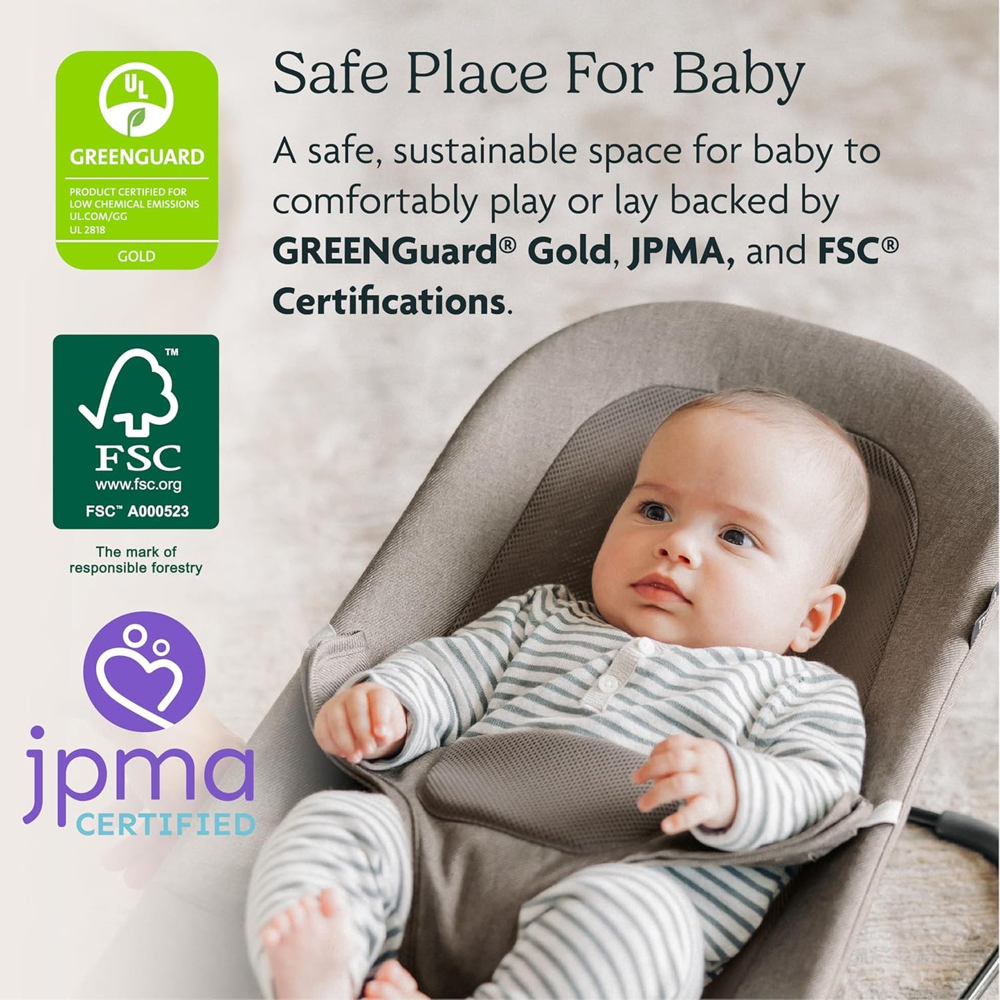 Mira Bouncer/Portable 2-In-1 Bouncer + Seat Grows with Your Baby/Greenguard® Gold, JPMA + FSC® Certified/Cozy Seat Liner + Storage Bag Included/Stella (Grey Mélange/Silver Chrome/Maple Wood)