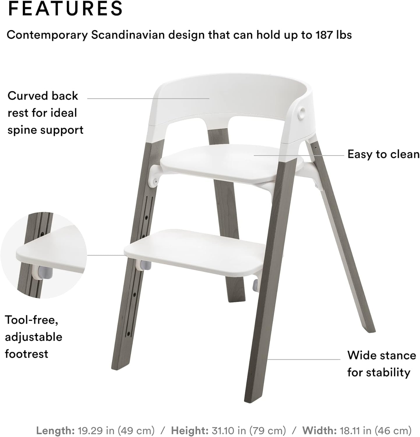 Steps Chair - White Seat with Hazy Grey Legs - 5-In-1 Seat System - Can Transform into Newborn + Toddler High Chair - for Children up to 187 Lbs. - Tool Free, Stylish & Adjustable