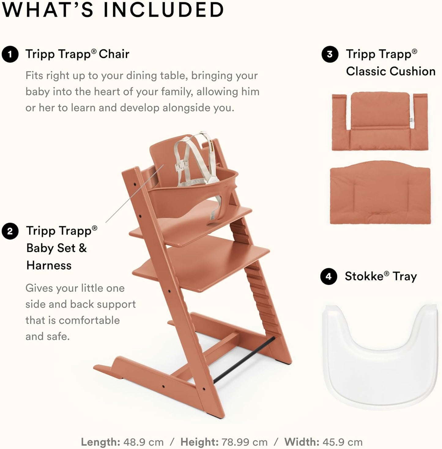 Tripp Trapp High Chair 2 (Terracotta), Cushion 2 (Terracotta) + Tray (White) - Includes Chair + Baby Set 2 with Removable Harness for Children 6-36 Months