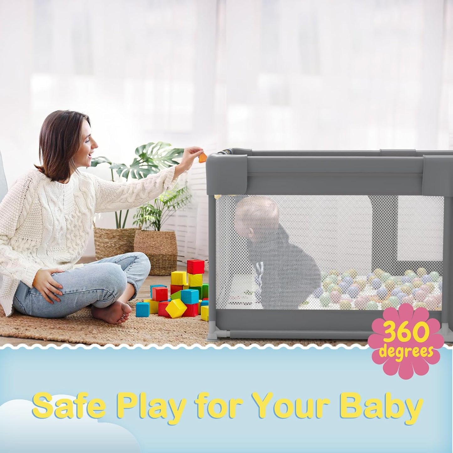 Baby Playpen, 71"X59" Extra Large Playard for Babies and Toddlers, Baby Activity Center with 8 Suction Cup Bases, Infants Play Pen with 2 Gates and Soft Breathable Mesh, without Mat