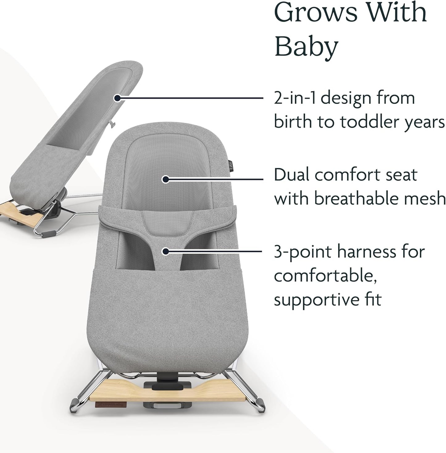 Mira Bouncer/Portable 2-In-1 Bouncer + Seat Grows with Your Baby/Greenguard® Gold, JPMA + FSC® Certified/Cozy Seat Liner + Storage Bag Included/Stella (Grey Mélange/Silver Chrome/Maple Wood)