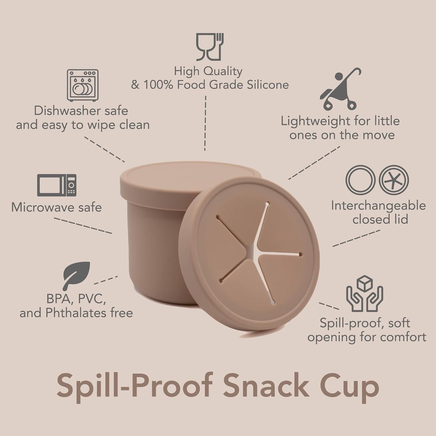 Nouka Spill-Proof Snack Cup | Comes with a Lid | 100% Food-Grade Silicone | Soft & Perfect for Snacking | Dishwasher Friendly | Soft Blush | Size 12 Oz