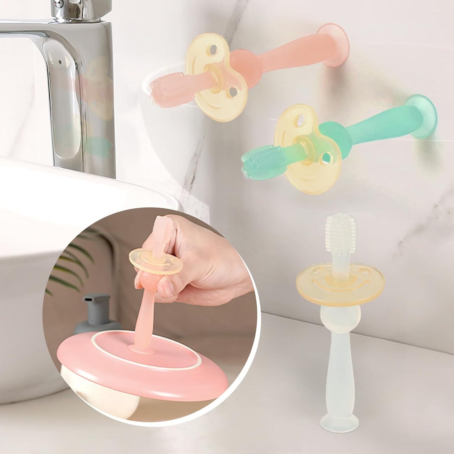 360° Baby Toothbrush with Suction Base - Gentle Cleaning for Infant Self-Brushing Training, Food-Grade Silicone, Adjustable Safety Shield - Translucent (1 Piece)
