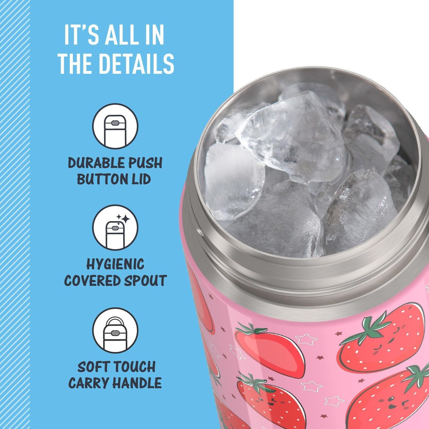 FUNTAINER 16 Ounce Stainless Steel Bottle, Strawberry Smiles