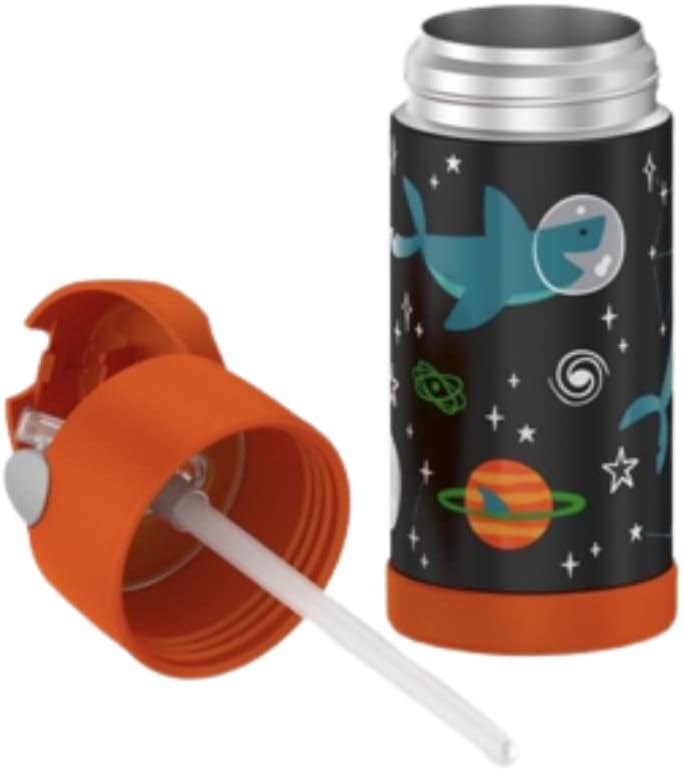 FUNTAINER 12 Ounce Stainless Steel Vacuum Insulated Kids Straw Bottle, Space Shark
