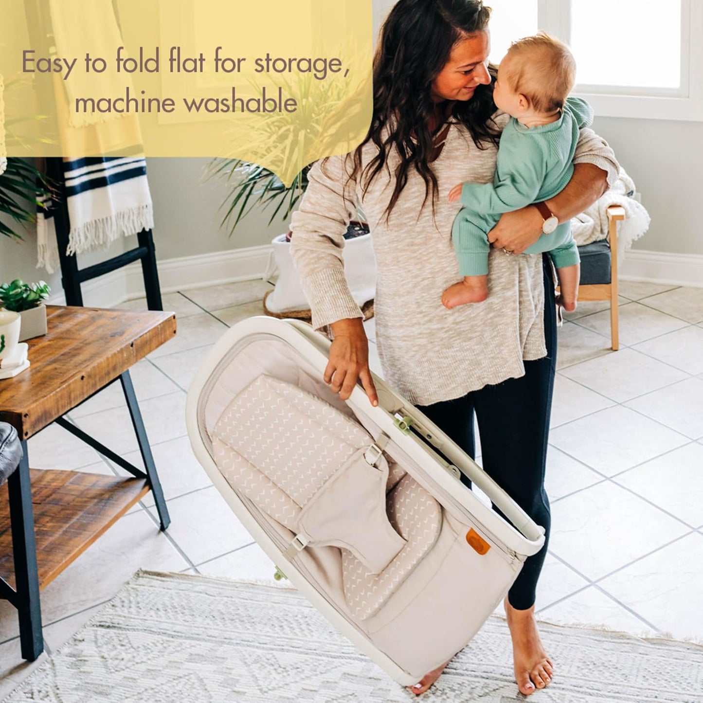 Boho Chic 2-In-1 Rocker with Removeable Toy Bar, Rocking or Stationary Modes and Folds Flat for Storage, Beige