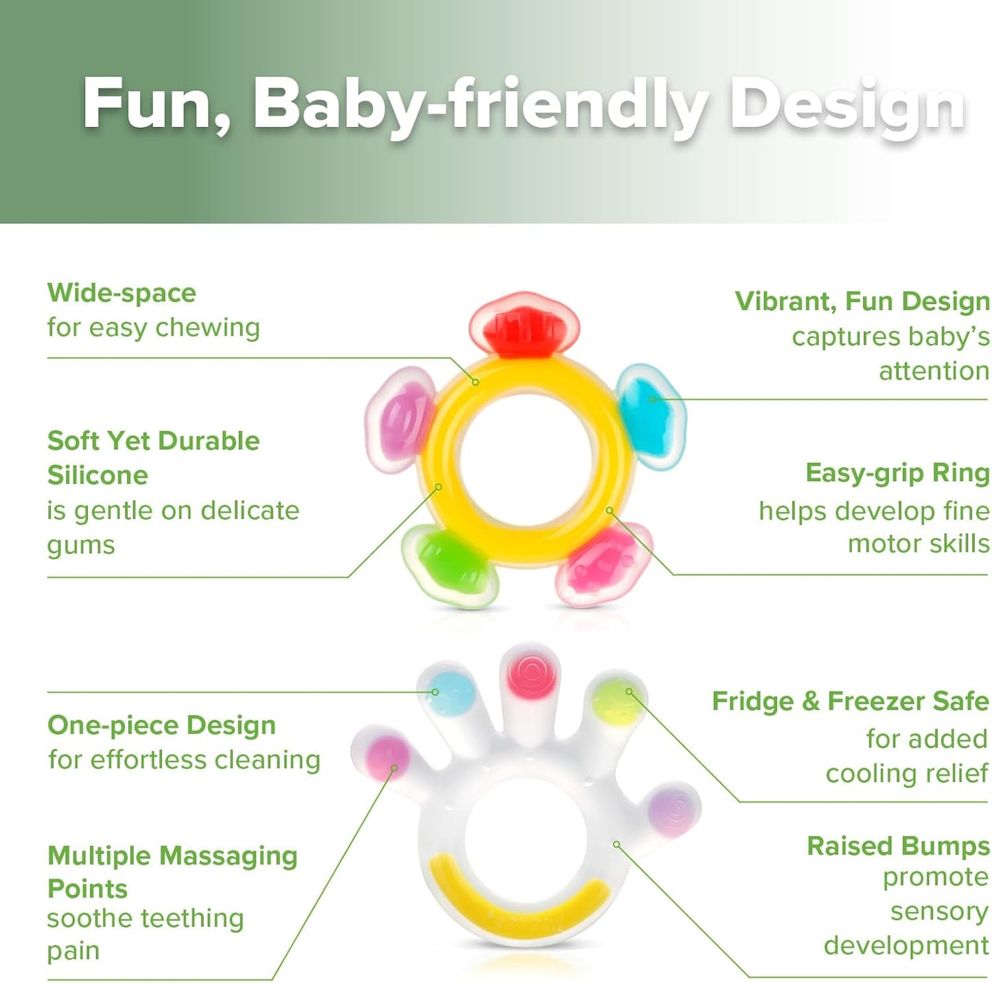 Silicone Teether Combo -Baby Freezer Teething Toy - Soft Cold Teether - Soothe Teething Pain & Itching Gum -Perfect Size-Palm & Ferris Wheel Shape for 3M+ Babies BPA Free - 2 Pk