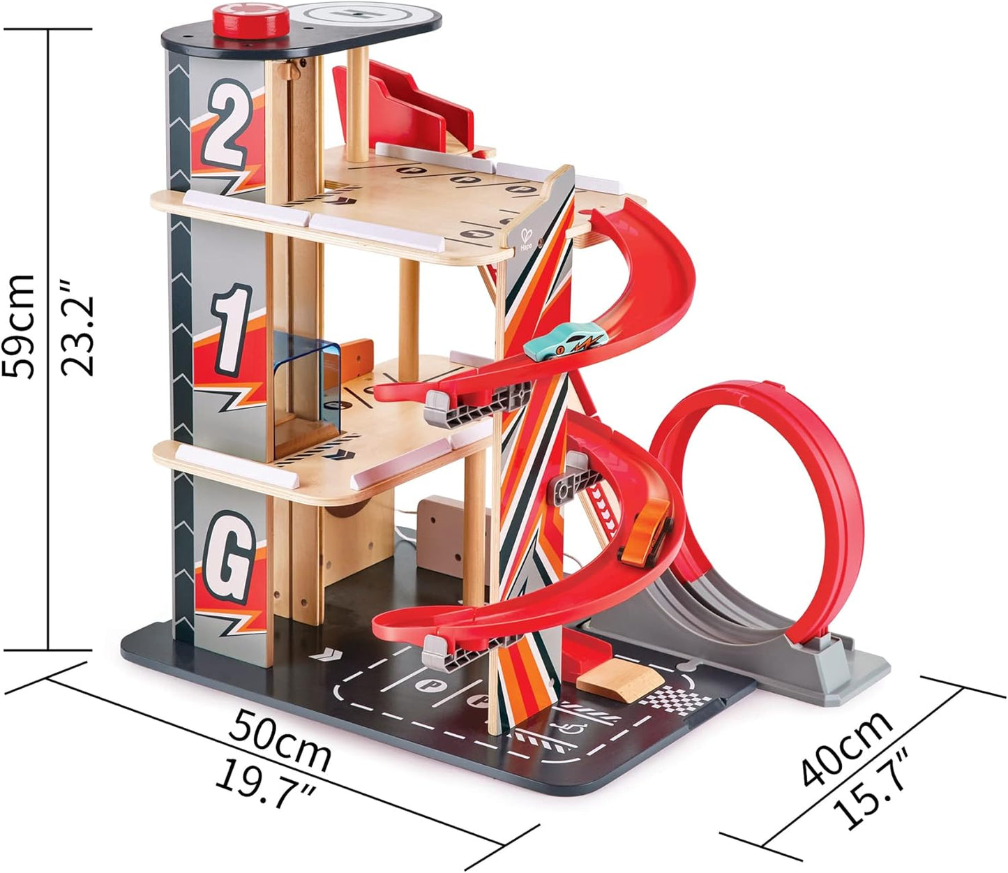 Gearhead Stunt Garage Kids Wooden Toy Car Parking Garage Playset W/ Elevator and 2 Exit Tracks, Detachable Loop, Includes 2 Wooden Toy Racecars