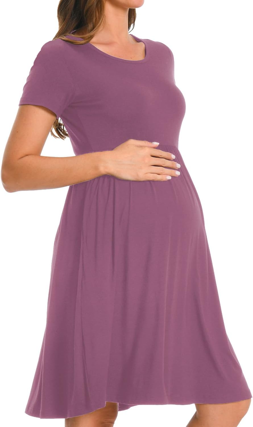 Women’S Short Sleeve Maternity Dress Patchwork Pregnancy Dress with Pocket