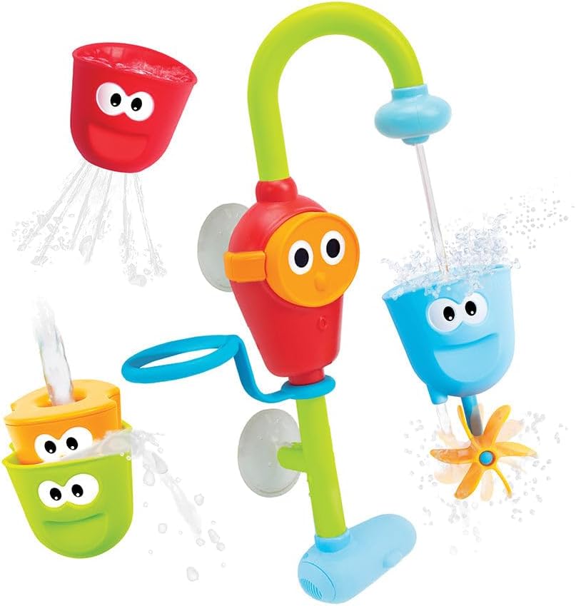 Toddler Bath Toy - Flow N Fill Spout - Three Stackable Play Cups and Water Spray Spout for Kids Bathtime Fun