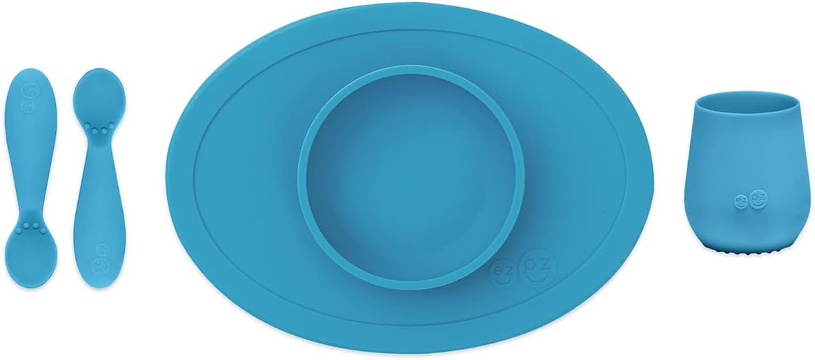 First Foods Set for Babies – Suctioning Bowl, Cup, & Spoons for Self-Feeding & Fine Motor Skills Development – 100% Food Grade Silicone, Dishwasher Safe – Perfect for 4 Months plus (Blue)