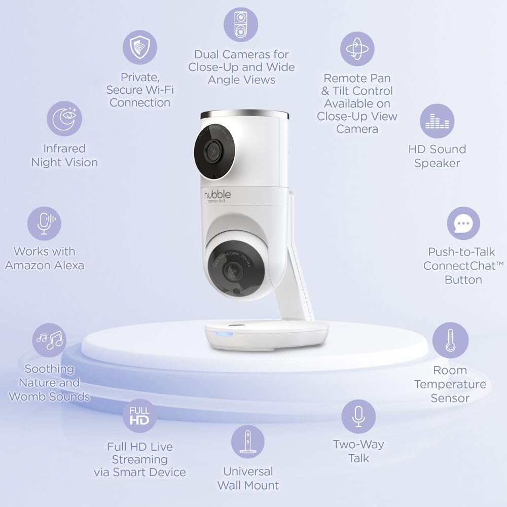Nursery Pal Dual Vision Smart Camera Wi-Fi Enabled Baby Monitor with AI Motion Tracking, plus Preloaded Soothing Sounds, Lullabies, and Stories, White