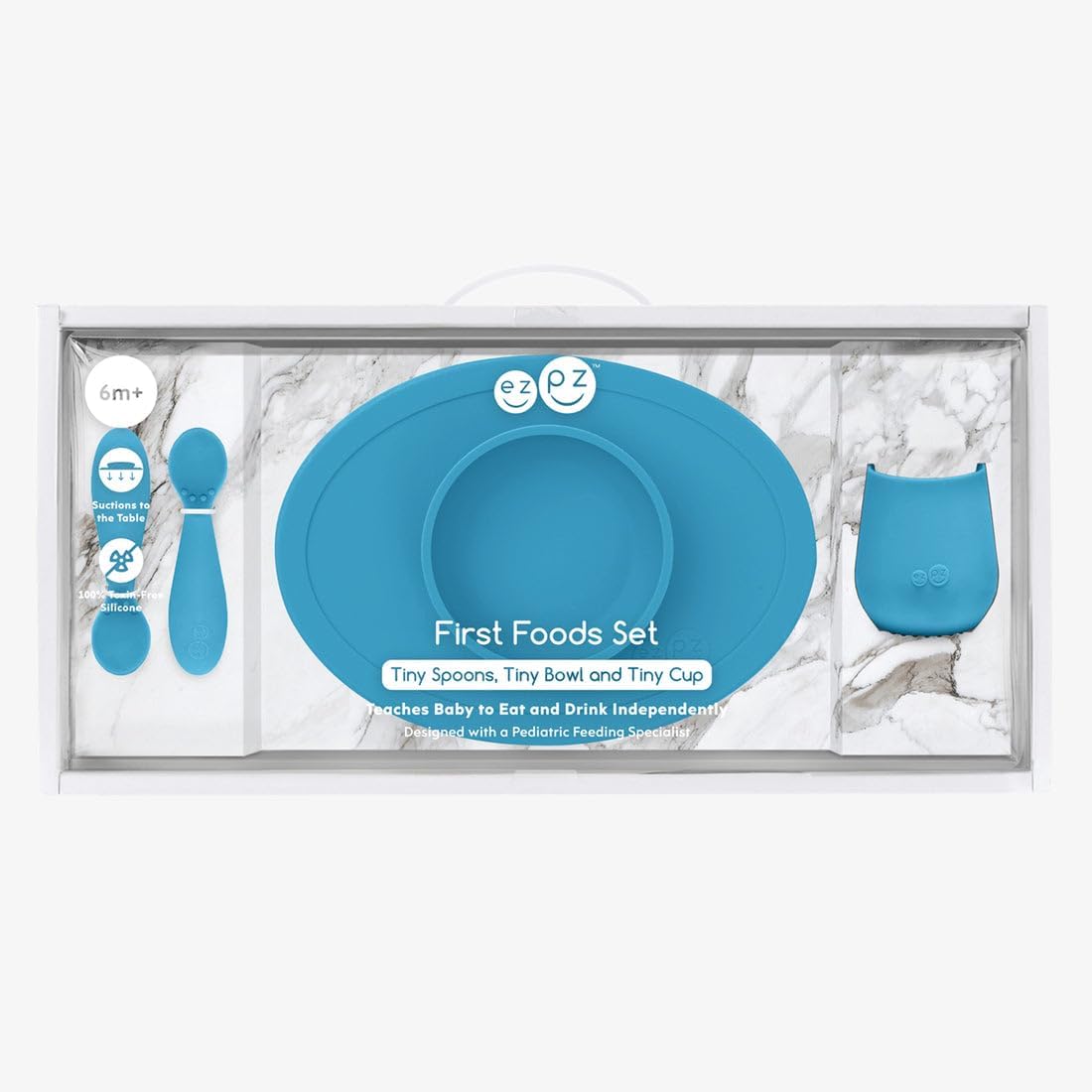 First Foods Set for Babies – Suctioning Bowl, Cup, & Spoons for Self-Feeding & Fine Motor Skills Development – 100% Food Grade Silicone, Dishwasher Safe – Perfect for 4 Months plus (Blue)