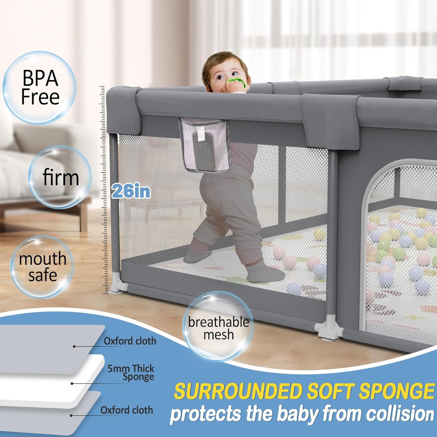 Baby Playpen, 71"X59" Extra Large Playard for Babies and Toddlers, Baby Activity Center with 8 Suction Cup Bases, Infants Play Pen with 2 Gates and Soft Breathable Mesh, without Mat
