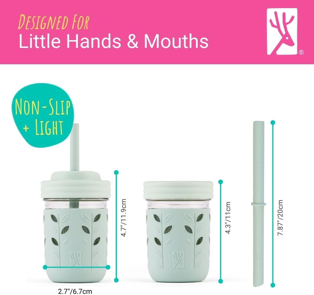 Kids & Toddler Cups | the Original Glass Mason Jars 8 Oz with Silicone Sleeves & Silicone Straws with Stoppers | Smoothie Cups | Spill Proof Sippy Cups for Toddlers
