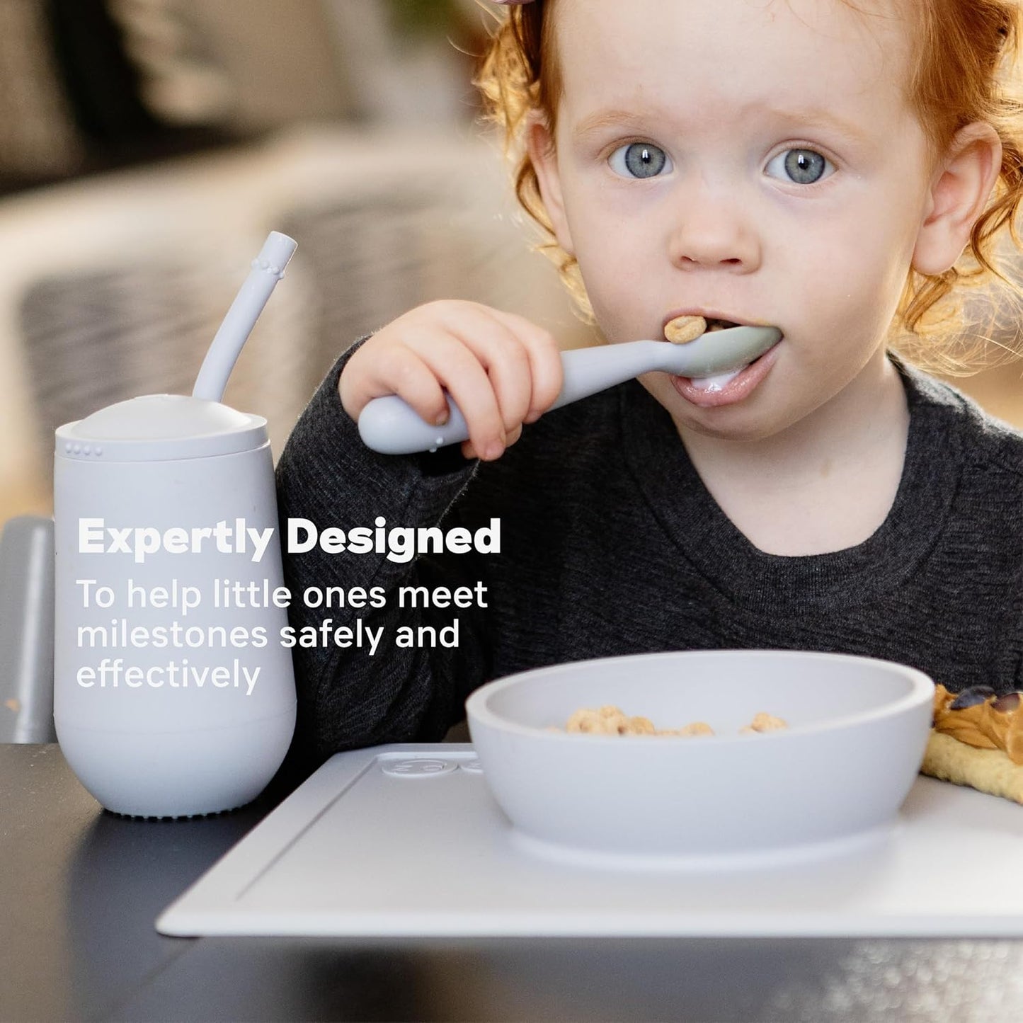 Happy Bowl (Pewter) - 100% Silicone Suction Bowl with Built-In Placemat for Toddlers + Preschoolers - Dishwasher Safe