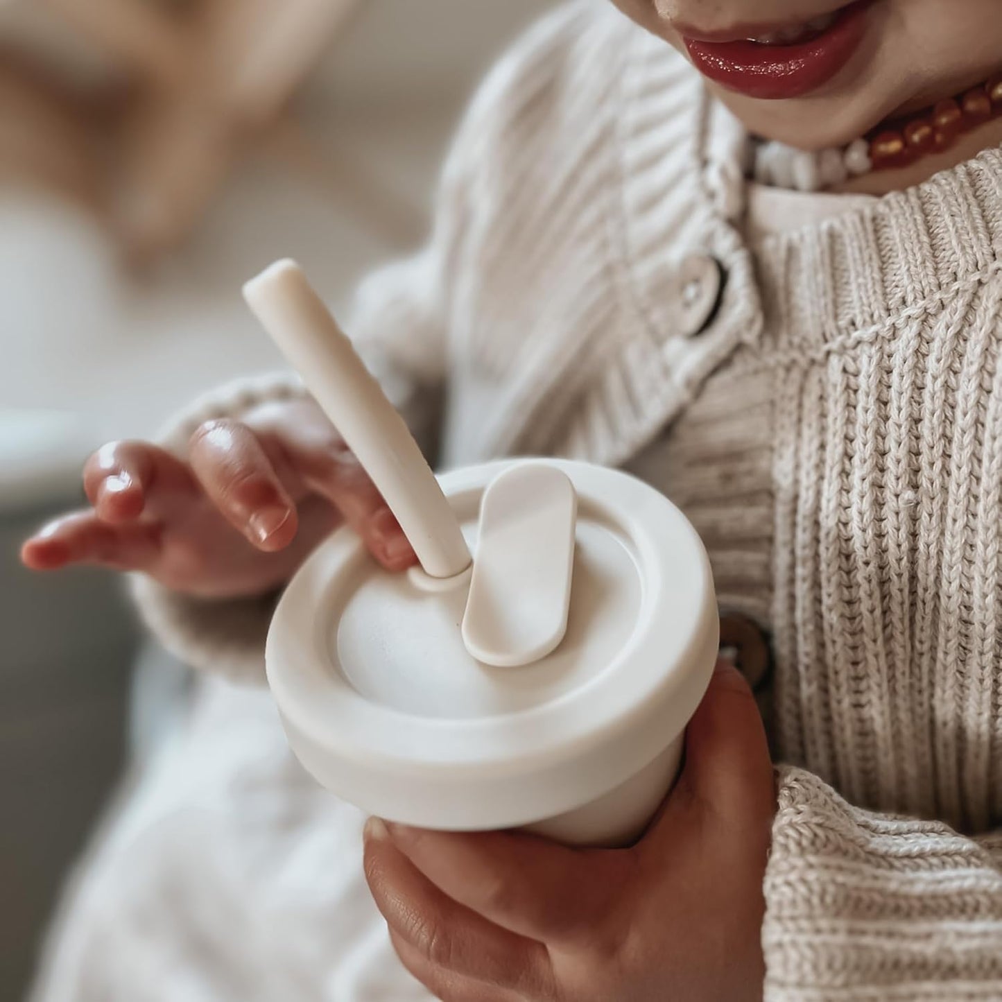 Nouka Straw Cup | 100% Food-Grade Silicone | Spill-Proof | Non-Slip & Soft | Dishwasher Friendly | Almond | Size 6 Oz