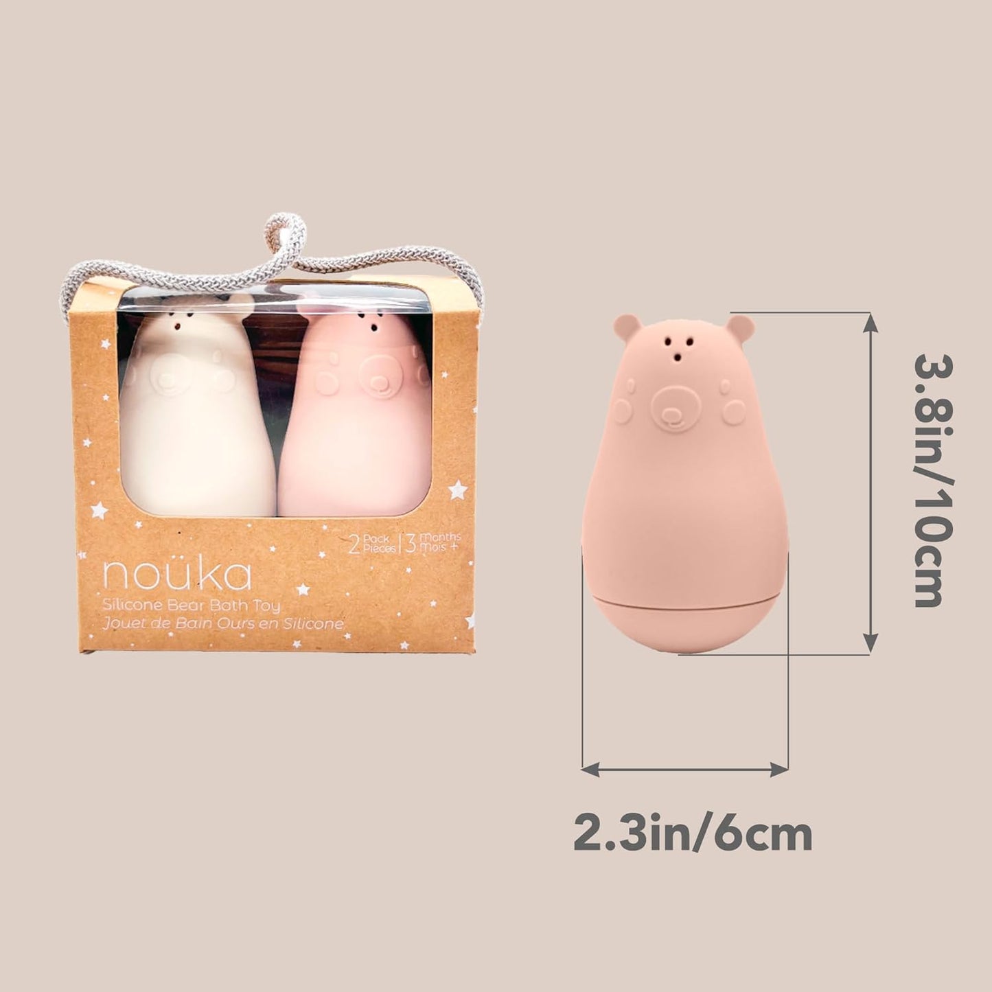 Nouka Bear Bath Toys | 2-Pack | 100% Food-Grade Silicone | Squeeze & Squirt Water | Safe & Soft | Dishwasher Friendly | Soft Blush/Shifting Sand