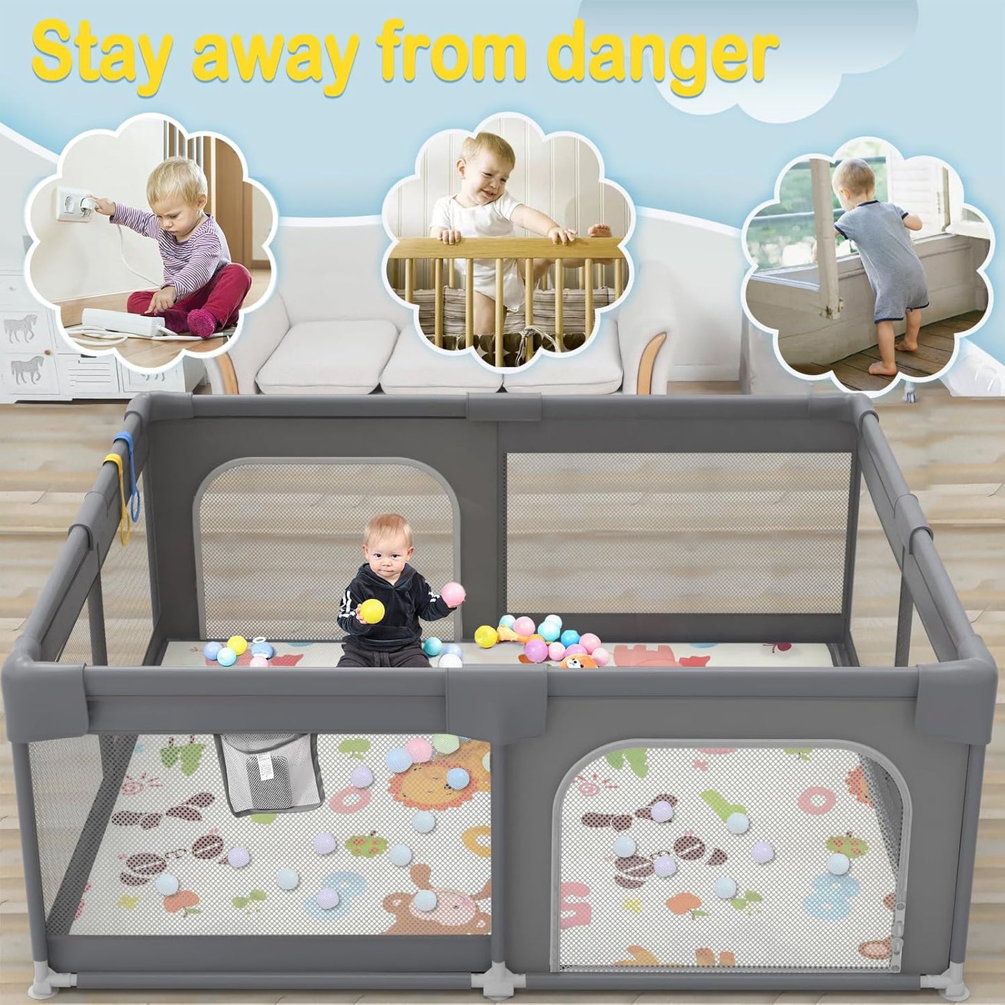 Baby Playpen, 71"X59" Extra Large Playard for Babies and Toddlers, Baby Activity Center with 8 Suction Cup Bases, Infants Play Pen with 2 Gates and Soft Breathable Mesh, without Mat