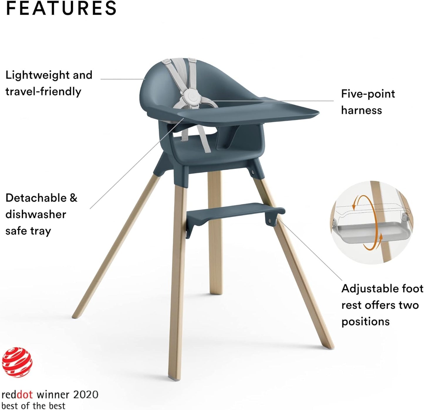 Clikk High Chair, Fjord Blue - All-In-One High Chair with Tray + Harness - Light, Durable & Travel Friendly - Ergonomic with Adjustable Features - Best for 6-36 Months or up to 33 Lbs