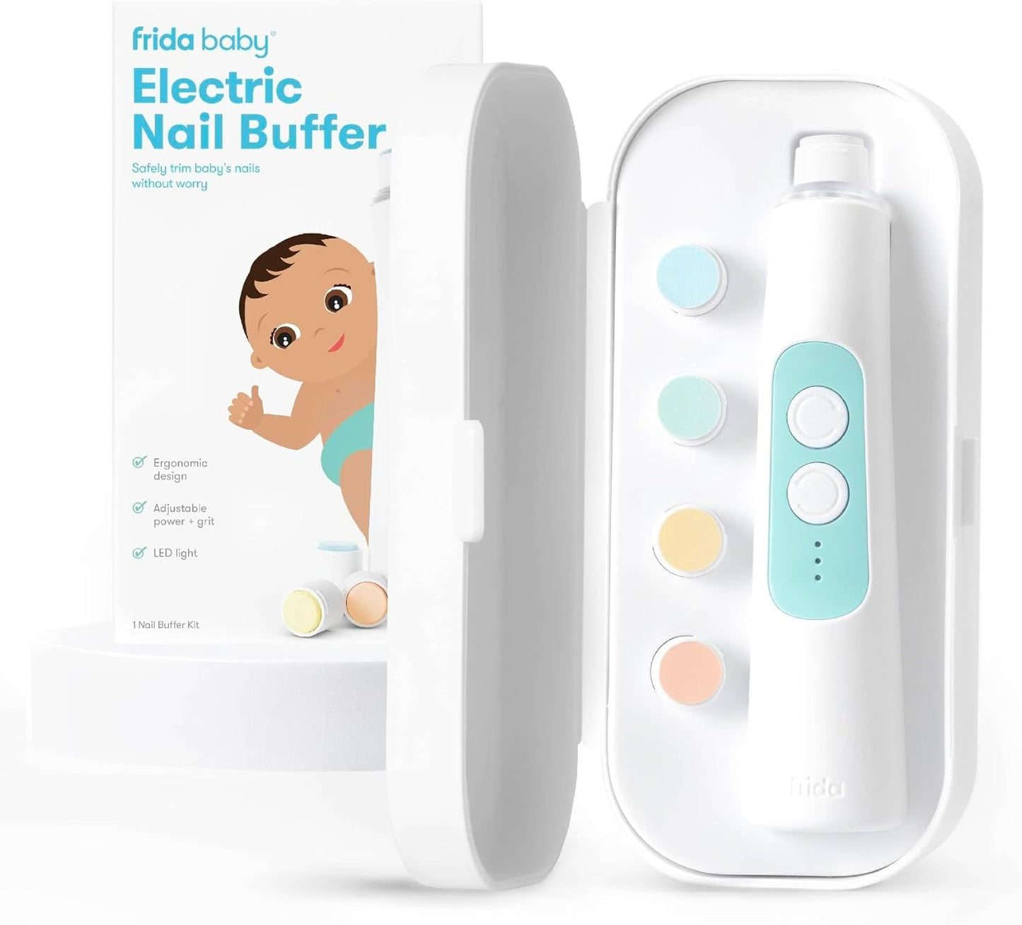 Electric Nail Buffer | Safe + Easy Baby Nail File, Baby Nail Clippers + Nail Trimmer Kit for Newborn, Toddler, Children'S Fingernails/Toenails, 4 Buffer Pads, LED Light, Storage Case, White