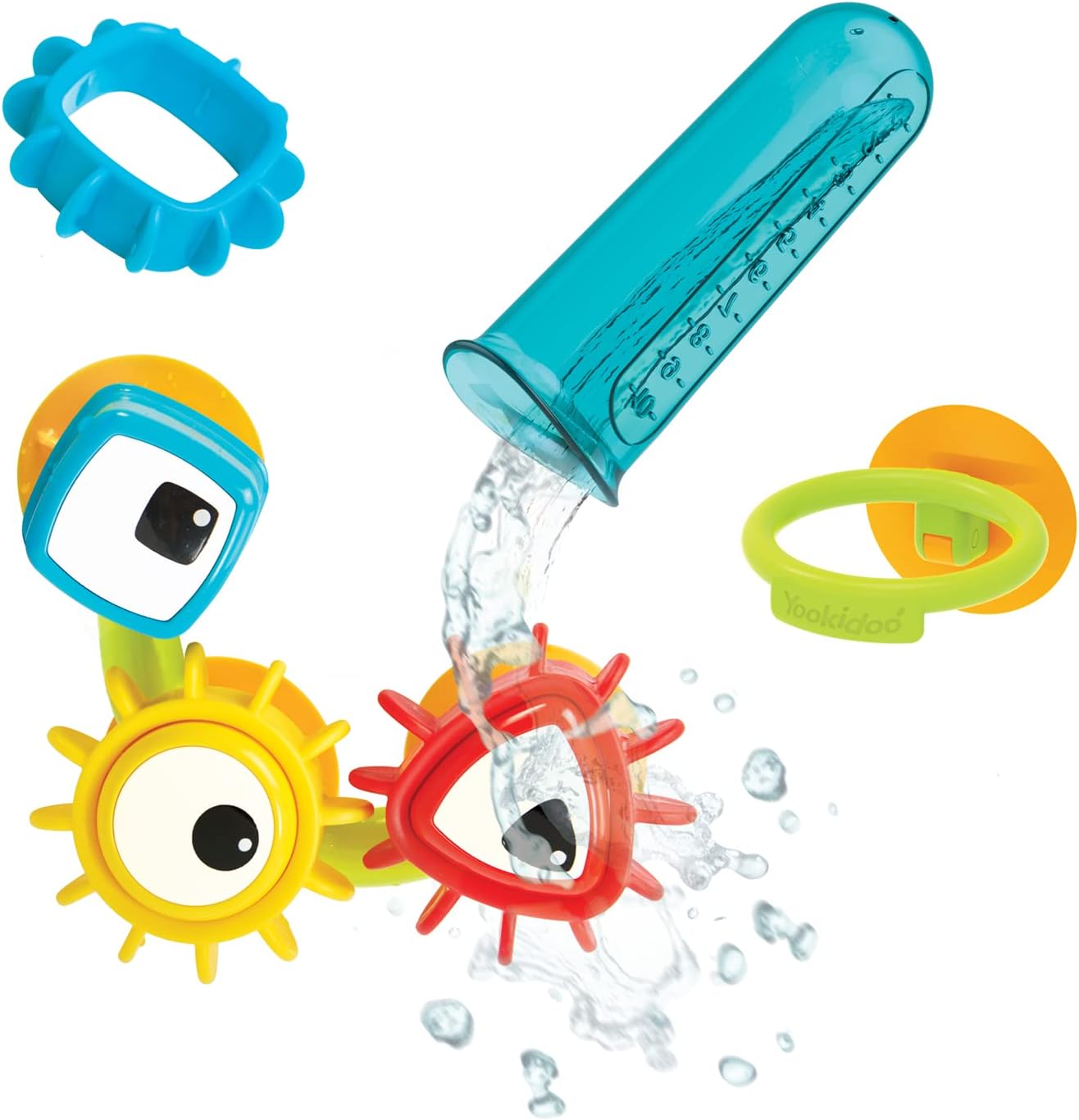 Baby Bath Toy - Spin 'N' Sort Water Gear - Childrens Sensory Water Wheel Set That Attaches to Any Size Tub - Includes Suction Cups, 3 Googly Eye Gears, and Pourers