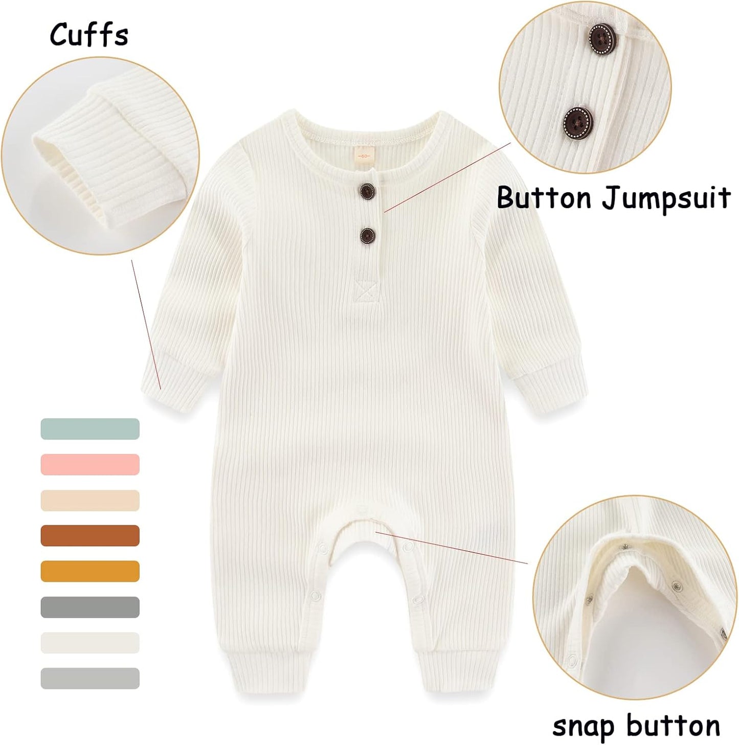 Newborn Baby Boys Girls One Piece Romper with Mitten Cuffs Solid Long Sleeve Ribbed Button Jumpsuit Outfit Clothes
