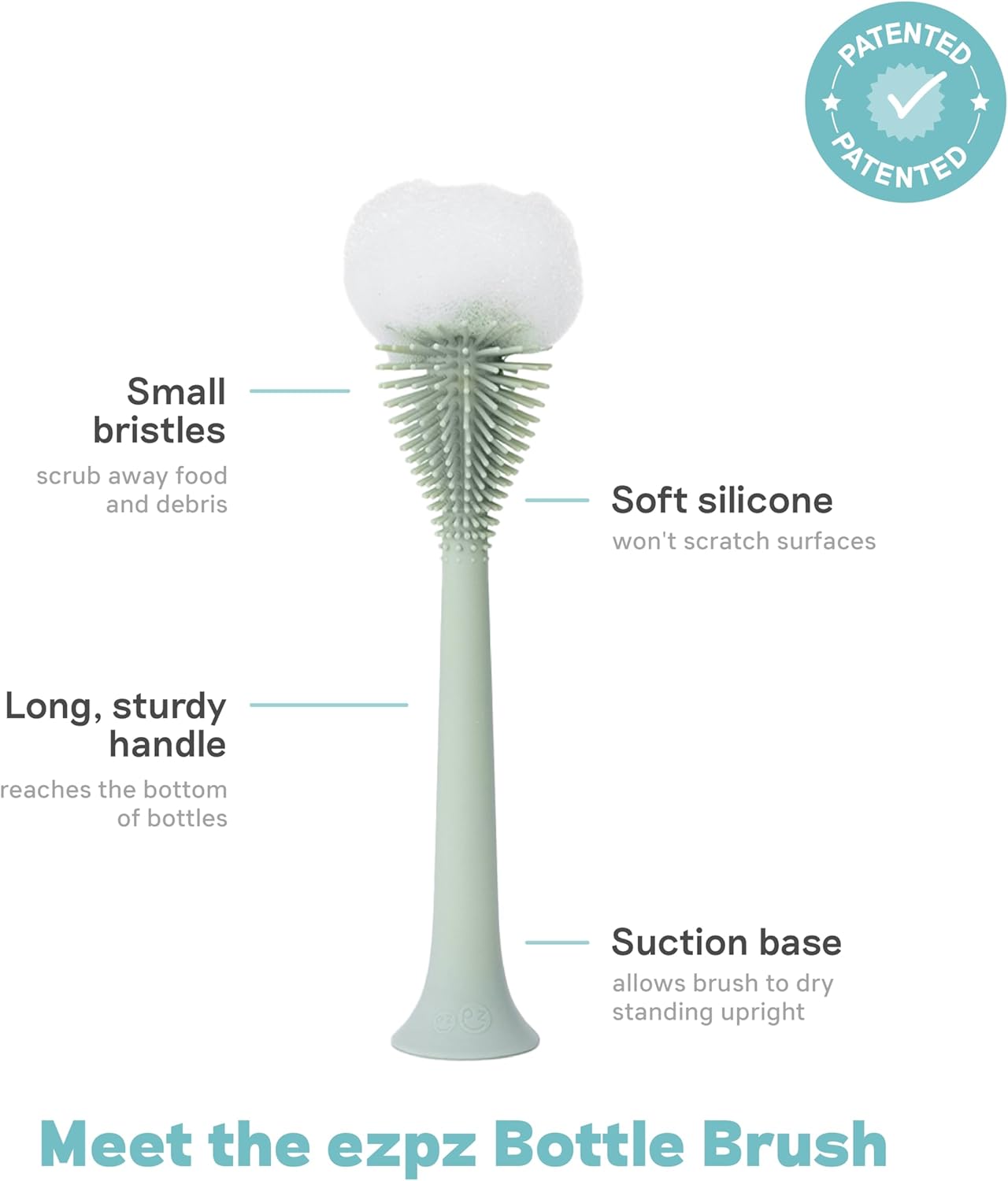 Bottle Brush Cleaner (Sage) - 100% Silicone Reusable Durable Long-Lasting Hypo-Allergenic Brush with Suction Base for Cleaning Dishes, Cookware and Feeding Accessories