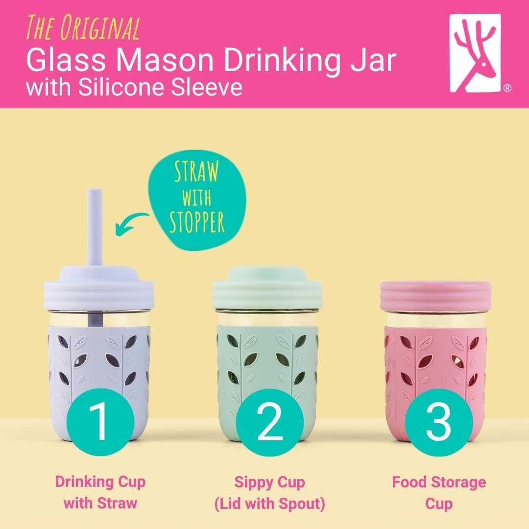 Kids & Toddler Cups | the Original Glass Mason Jars 8 Oz with Silicone Sleeves & Silicone Straws with Stoppers | Smoothie Cups | Spill Proof Sippy Cups for Toddlers