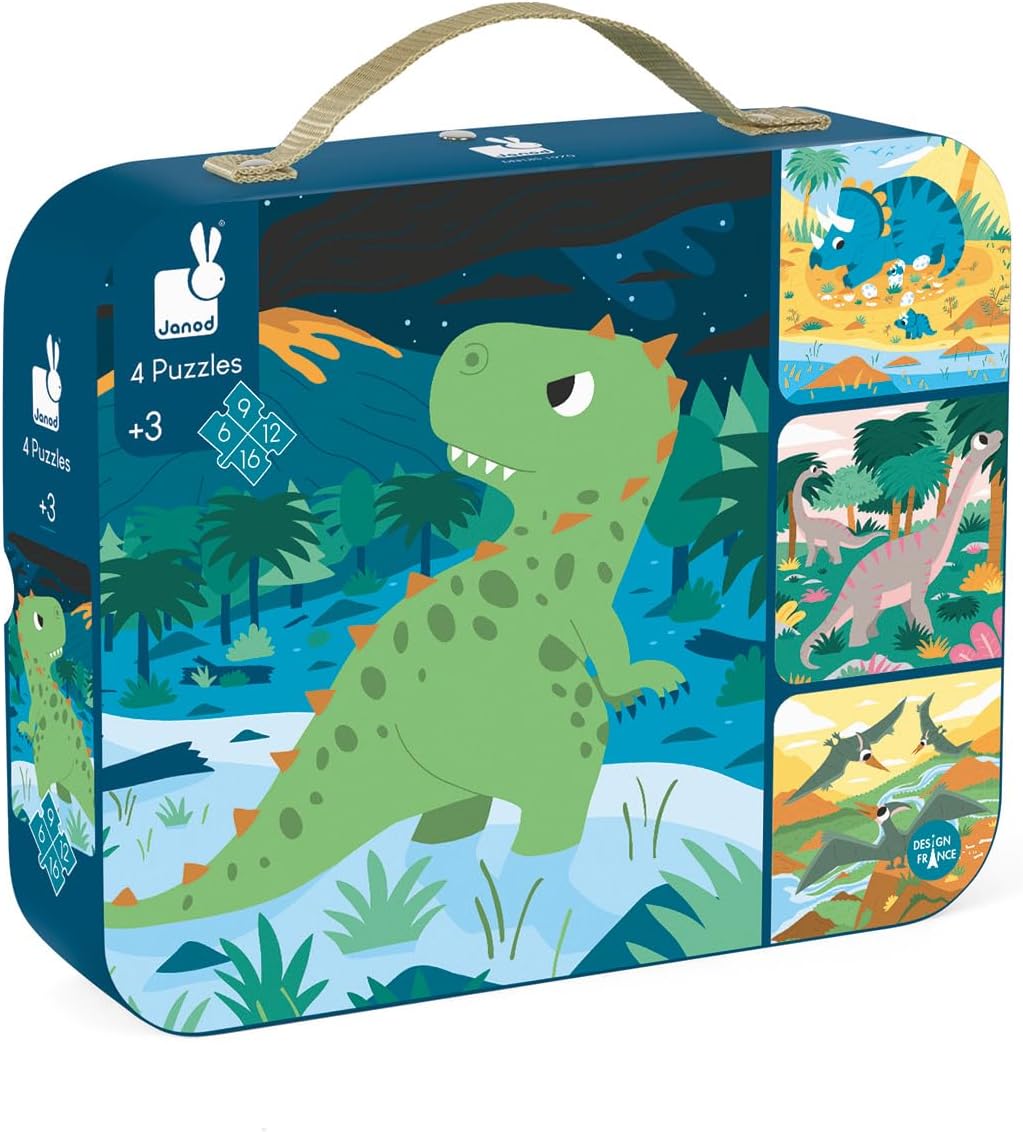 • 4 Progressive Difficulty Dinosaurs Jigsaw Puzzle • 6, 9, 12, 16 Pieces • 20 X 20 Cm Cardboard Puzzle • Educational Toys Gift for Kids Boys and Girls 2-4 Years • J02657