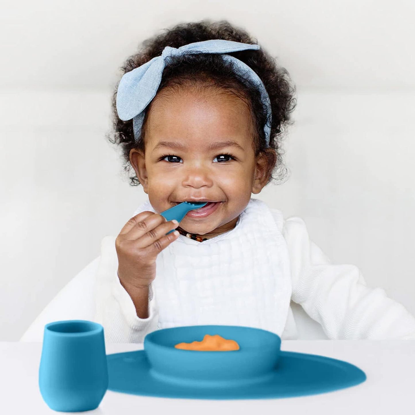 First Foods Set for Babies – Suctioning Bowl, Cup, & Spoons for Self-Feeding & Fine Motor Skills Development – 100% Food Grade Silicone, Dishwasher Safe – Perfect for 4 Months plus (Blue)