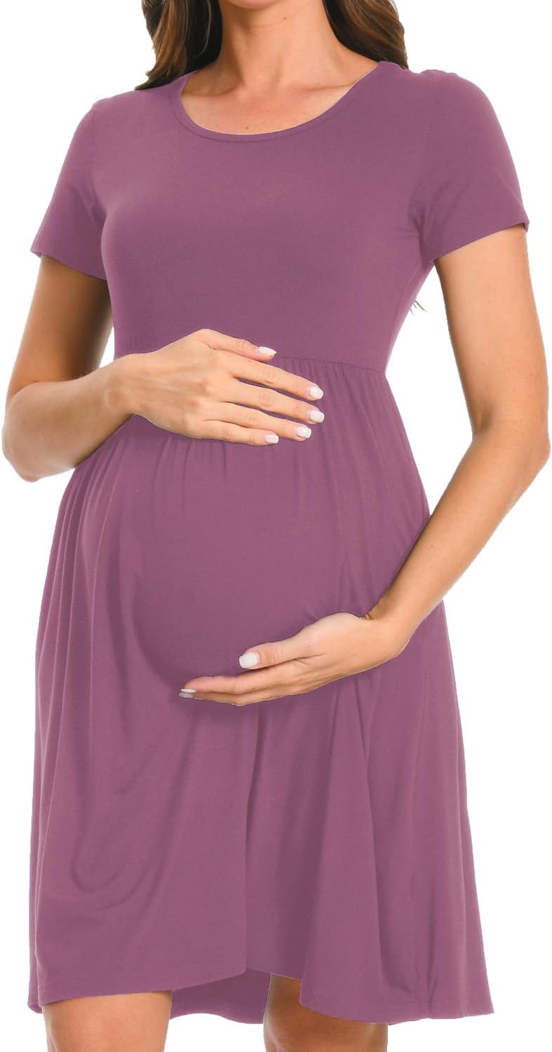 Women’S Short Sleeve Maternity Dress Patchwork Pregnancy Dress with Pocket