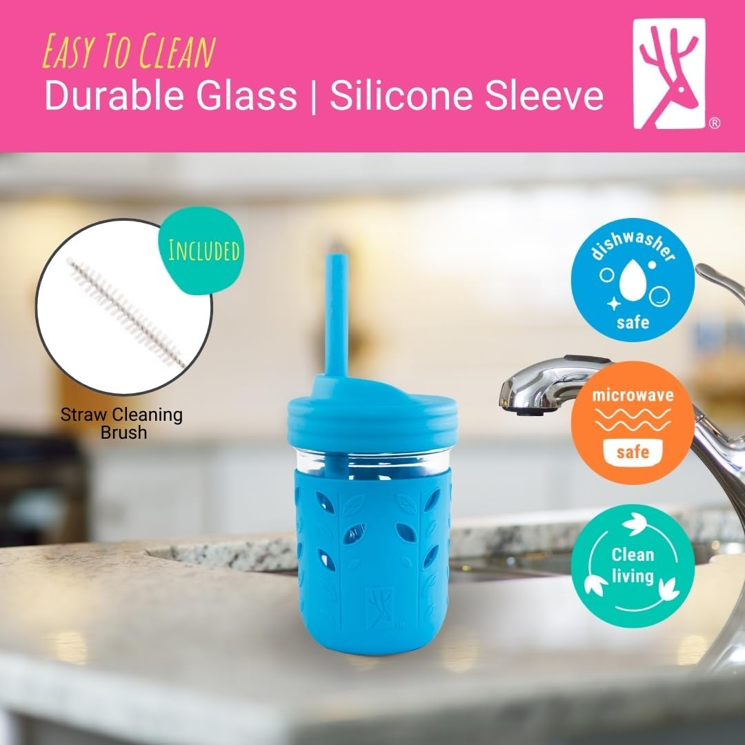Kids & Toddler Cups | the Original Glass Mason Jars 8 Oz with Silicone Sleeves & Silicone Straws with Stoppers | Smoothie Cups | Spill Proof Sippy Cups for Toddlers