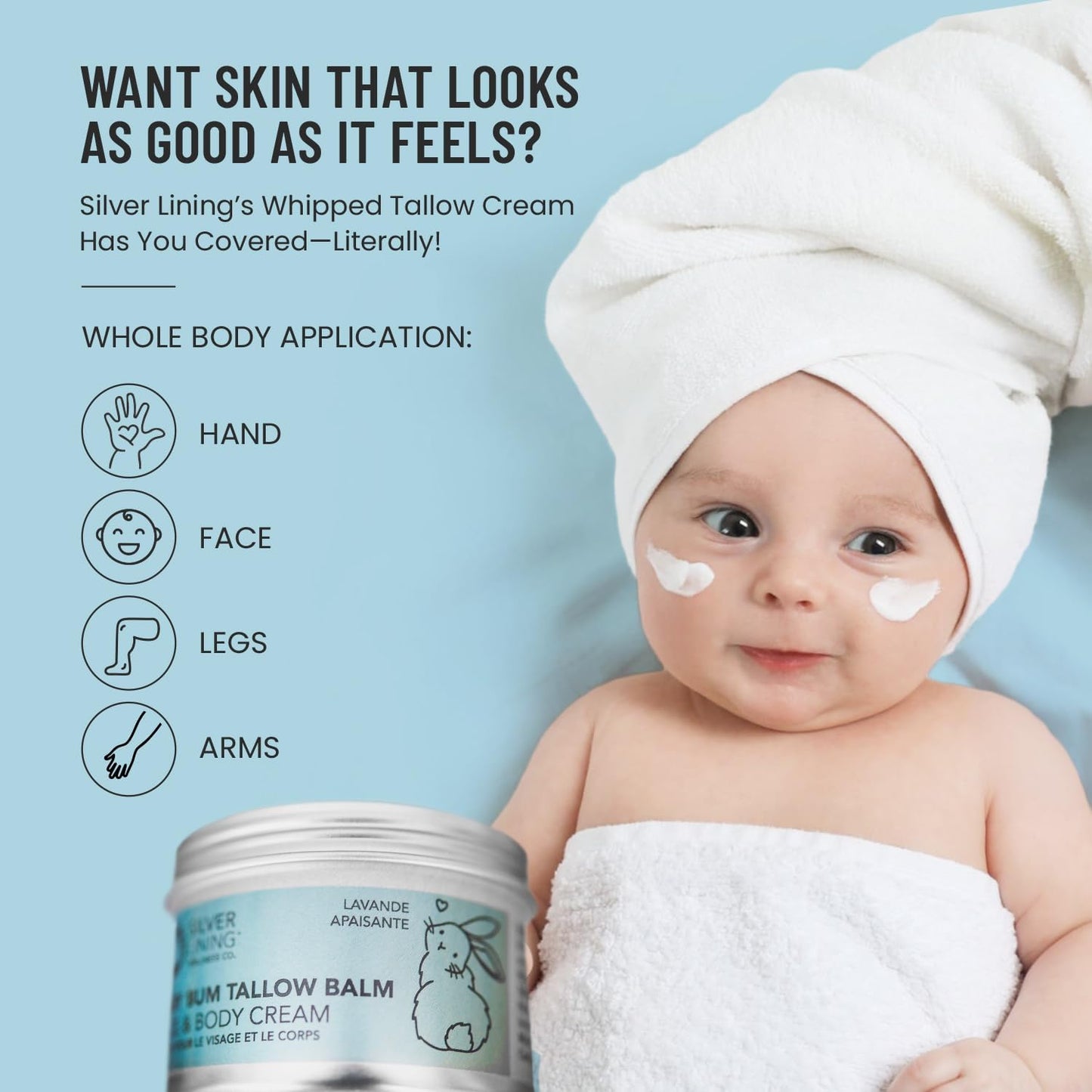 Whipped Beef Tallow Face Cream, Baby Body & Face Moisturizer, Grass Fed Beef Tallow Skincare with Zinc Oxide, Phthalates & Parabens Free, Suif De Boeuf Made in Canada, 3.38Floz, Soothing Lavender