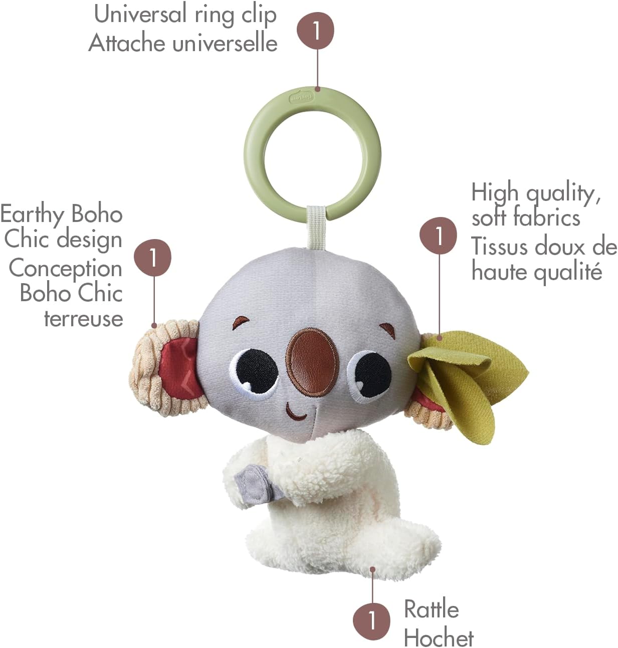 Boho Chic Koala Rattle – EARTHY DESIGN Plush Baby Toy with UNIVERSAL CLIP for Strollers, Bassinets, and Cribs, Encourages Exploration and Cognitive Development, for 0M+