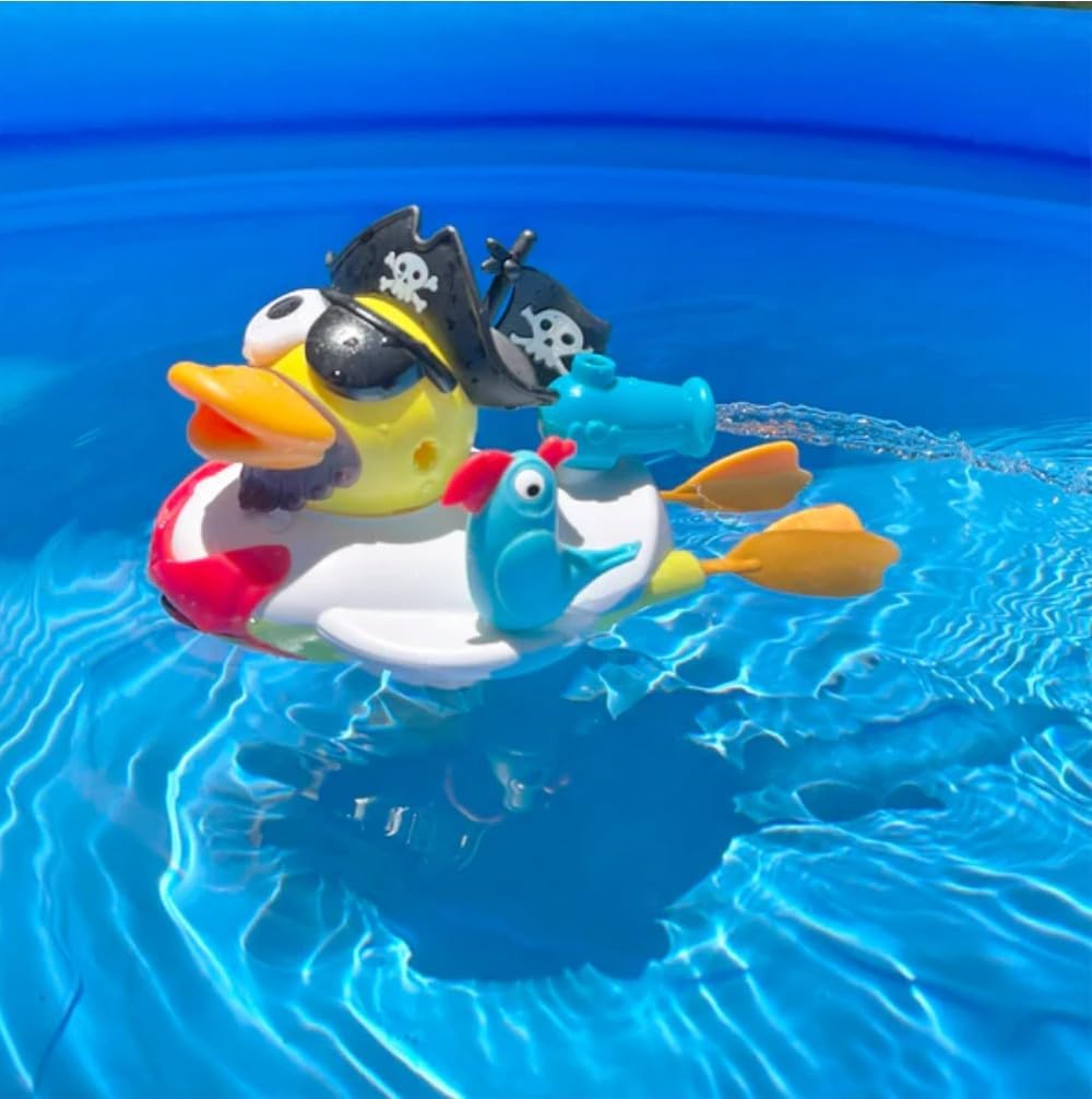 Jet Duck Pirate Bath Toy with Powered Water Hydrant Shooter - Sensory Development & Bath Time Fun for Kids - Battery Operated Bath Toy with 15 Pieces - Ages 2+