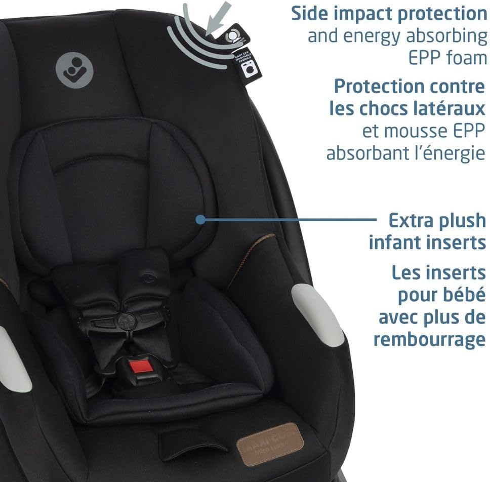 Mico Luxe+ Infant Car Seat, Lightweight, Easy Install with Maxilock™ Technology, Washable Seat Cover, Climaflow™ Ventilation, Side Impact Protection, Ecocare Fabrics, Designer Black