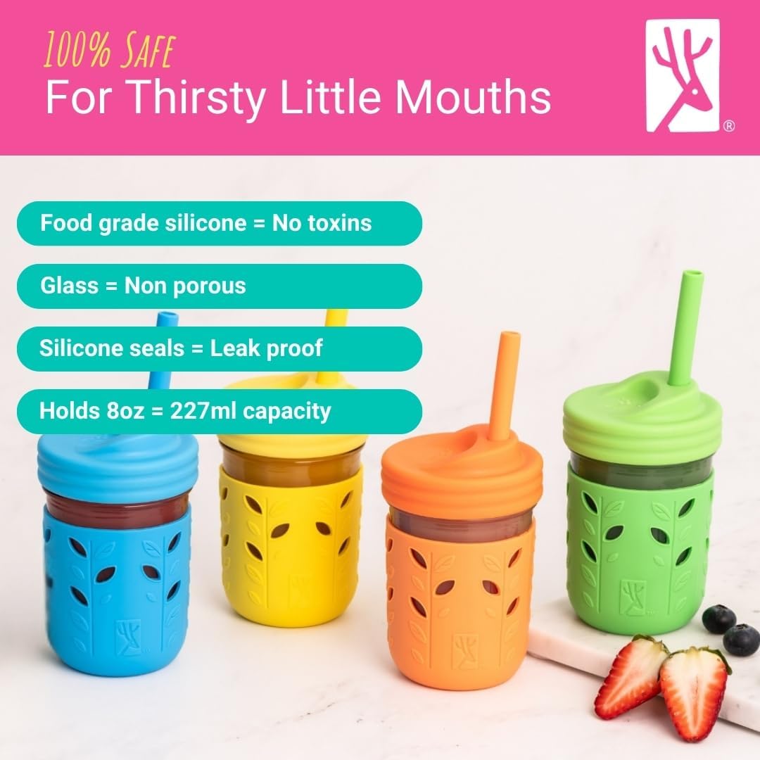 Kids & Toddler Cups | the Original Glass Mason Jars 8 Oz with Silicone Sleeves & Silicone Straws with Stoppers | Smoothie Cups | Spill Proof Sippy Cups for Toddlers