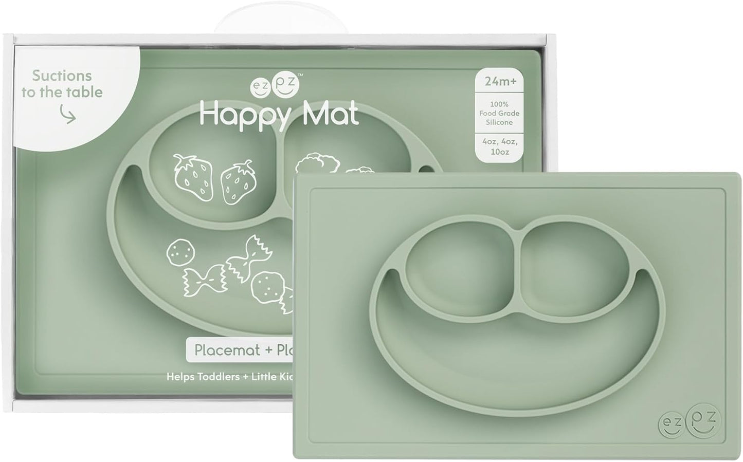 Happy Mat (Sage) - 100% Silicone Suction Plate with Built-In Placemat for Toddlers + Preschoolers - Divided Plate - Dishwasher Safe