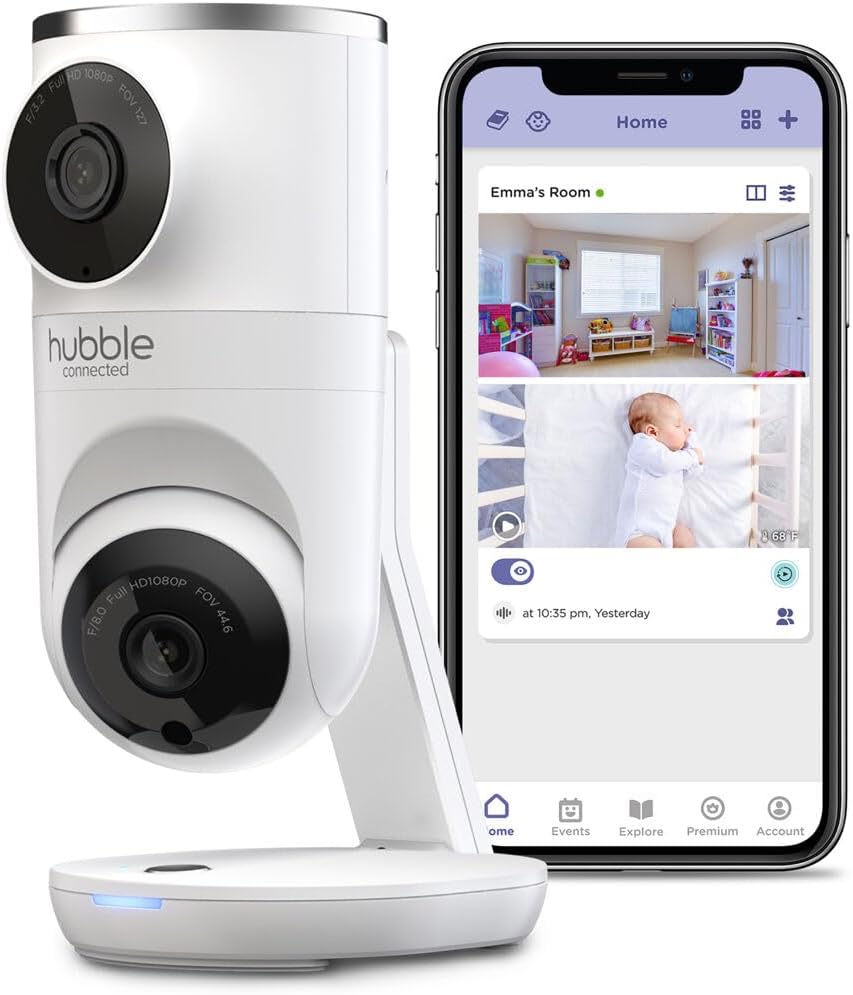 Nursery Pal Dual Vision Smart Camera Wi-Fi Enabled Baby Monitor with AI Motion Tracking, plus Preloaded Soothing Sounds, Lullabies, and Stories, White
