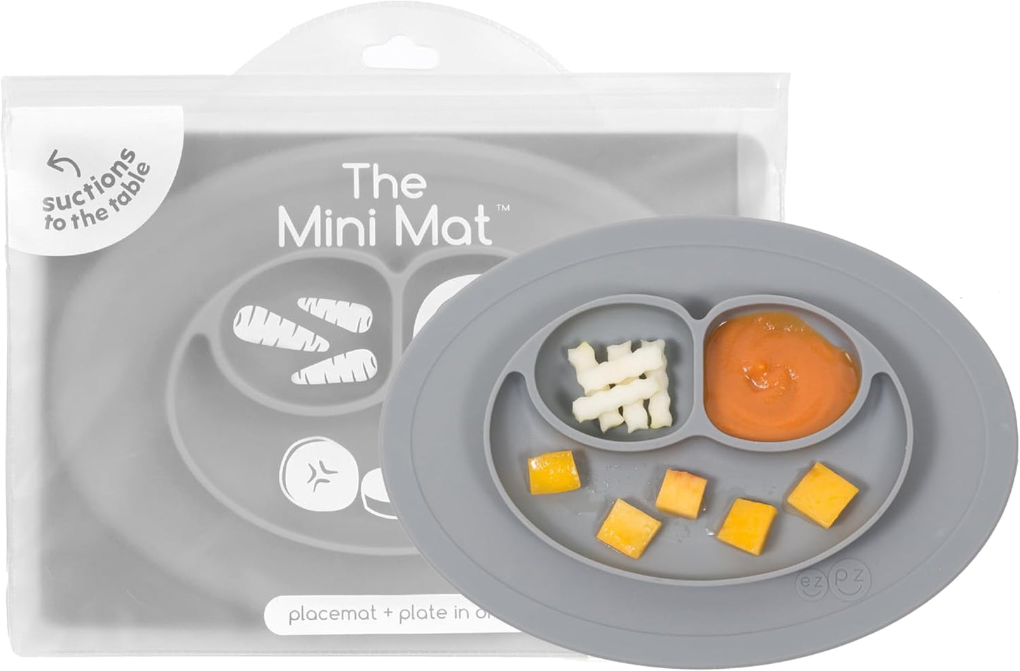 Mini Mat (Gray) - 100% Silicone Suction Plate with Built-In Placemat for Infants + Toddlers - First Foods + Self-Feeding - Comes with a Reusable Travel Bag