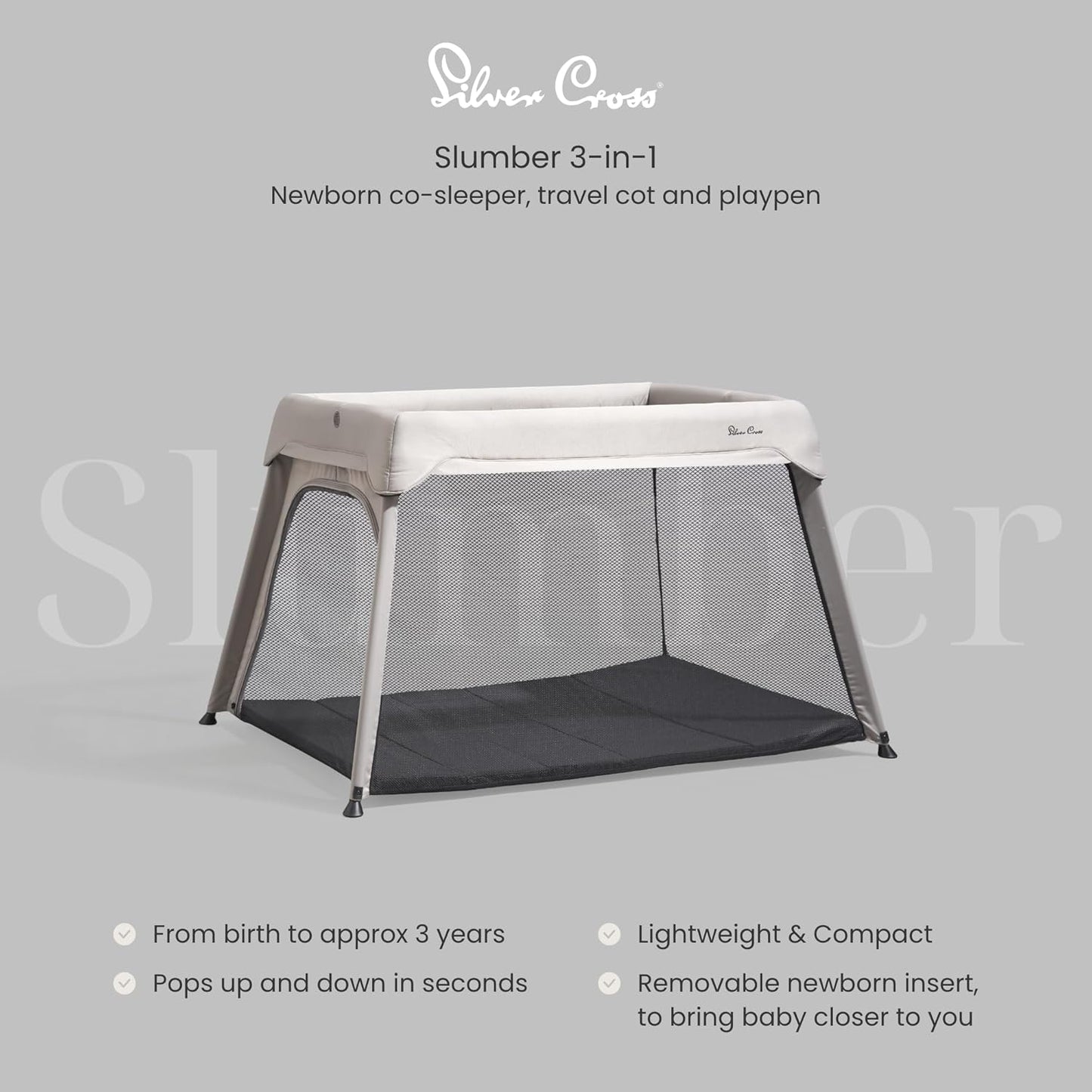 Slumber 3-In-1 Travel Crib - Multi-Use, Converts from Bassinet to Crib to Playard - Portable, Lightweight, Easy to Pack with Comfortable Mattress, for Infants to Toddlers, Stone